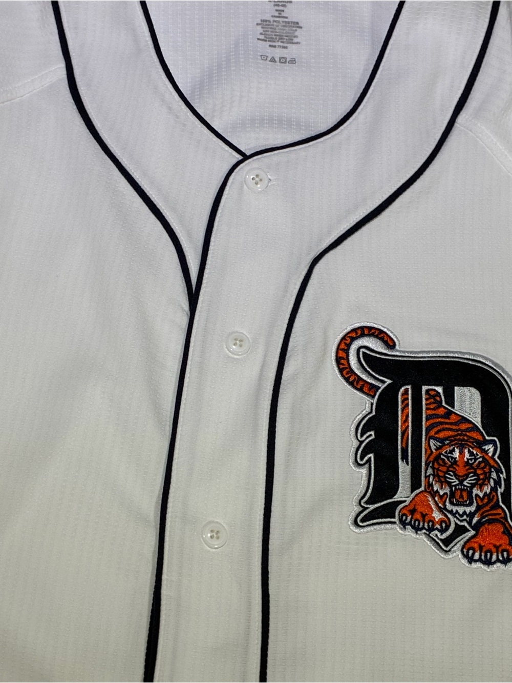 1 Brand new white Baseball-Style Button-Up Shirt with Black Piping and Tiger